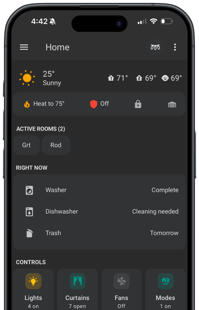 Right Now dashboard showing live home status